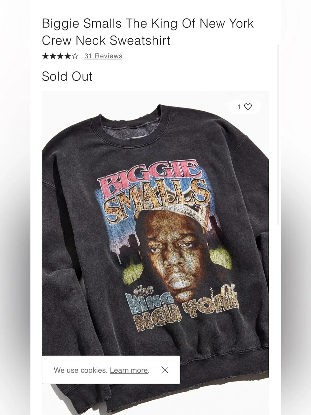 Urban Outfitters Biggie Smalls King of New York Crewneck Sweatshirt M